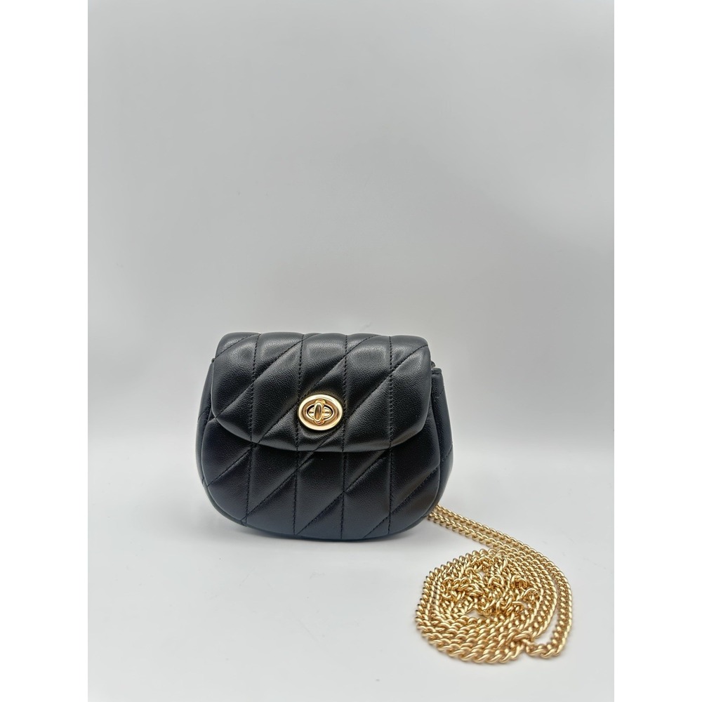 Coach CZ018 Turnlock Card Case Black Quilted Leather Gold Chain Crossbody